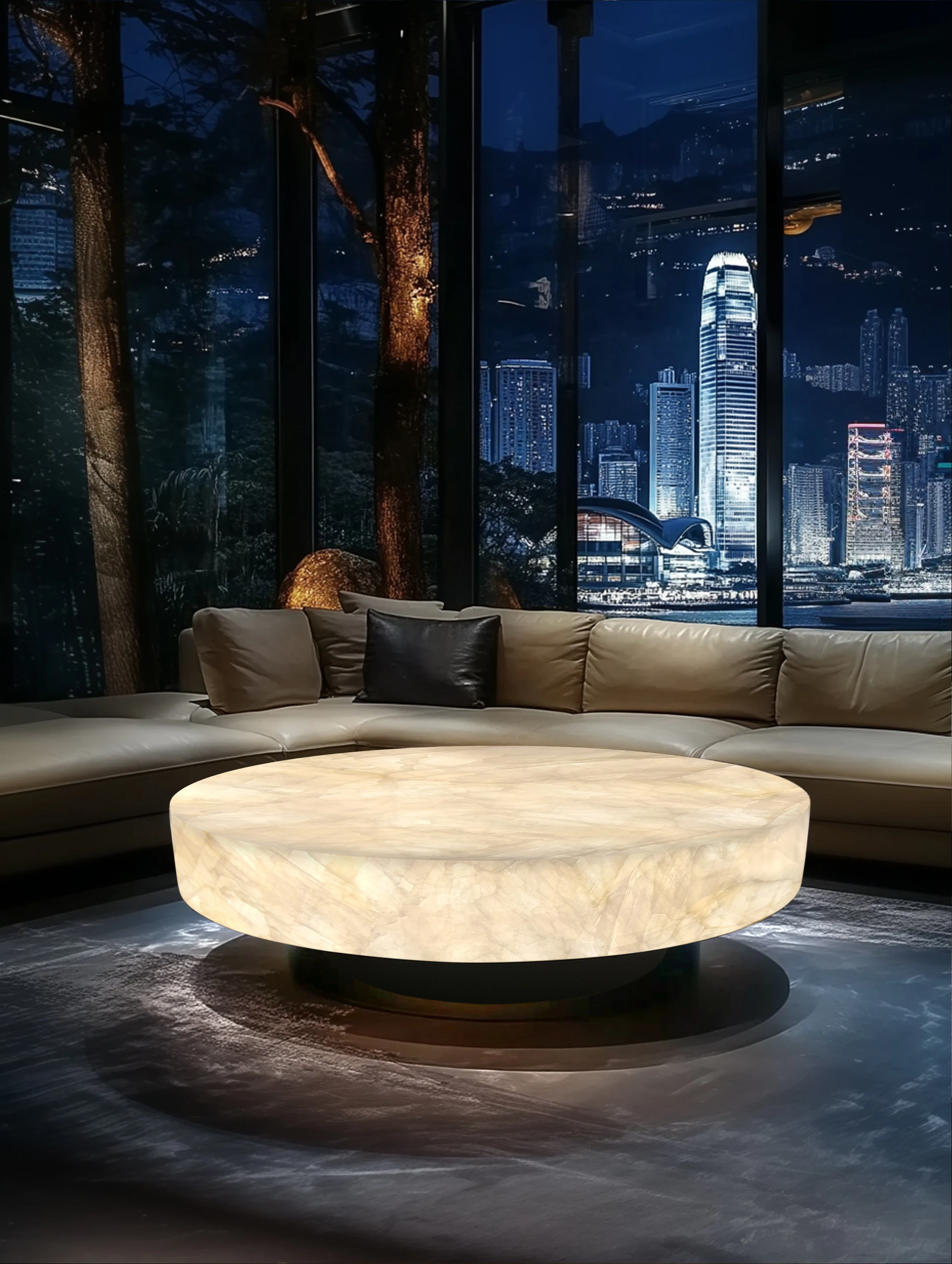 A Round Luminous Coffee Table Living Room White Ice Jade Villa Marble High-end Light Luxury Minimalist Mansion Ice Crack Jade