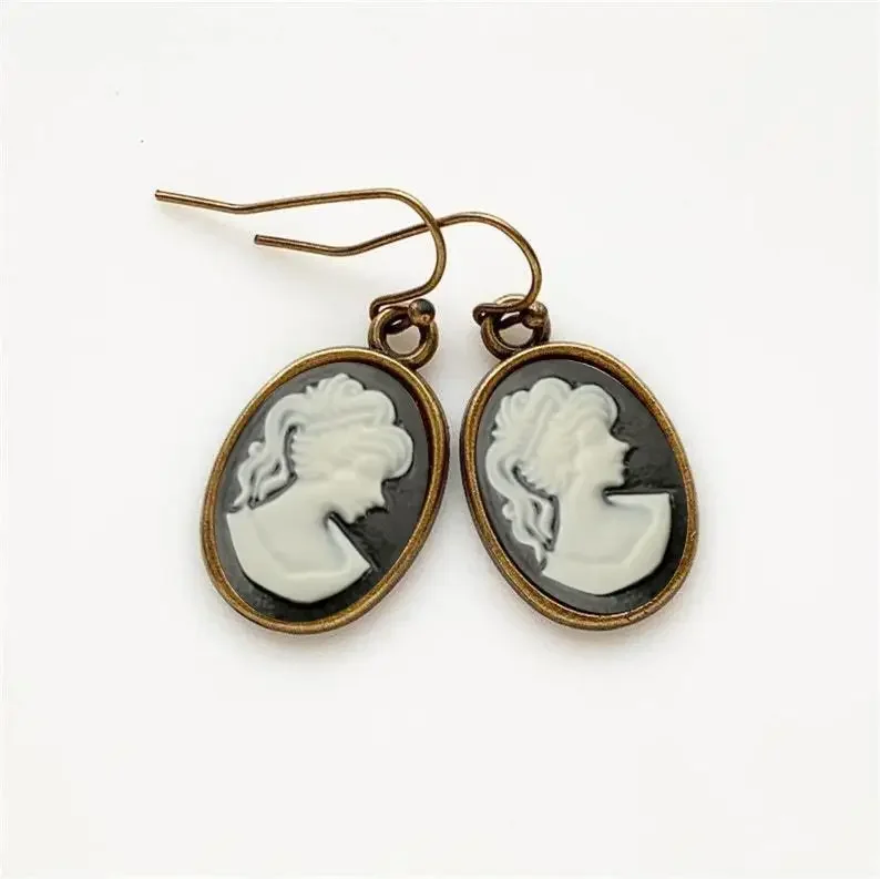 Vintage Steampunk Lady Cameo Cabochon Silver and Bronze Jewelry Pendant Earrings