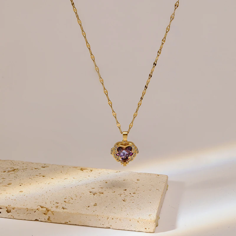 EILIECK 316L الفولاذ المقاوم للصدأ القلب زهرة الملونة الزركون قلادة قلادة للنساء الفاخرة سلسلة عنق خاتم هدايا مجوهرات أنيقة #4
