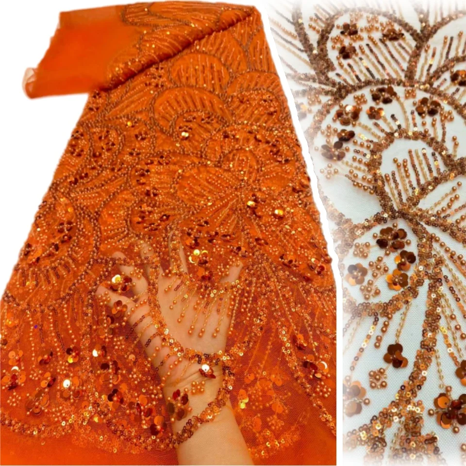 

Orange African Heavy Beaded Lace Fabric 2026 High-Quality Nigerian Sequined Lace Fabric Wedding Party Dress Fabric 5 Yards 2318