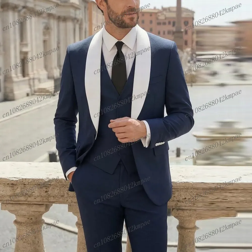 

White Collar Navy Blue Men Suit Formal Groom Groomsman Wedding Party Prom Male Business Tuxedos 3 Piece Set Blazer Vest Pants