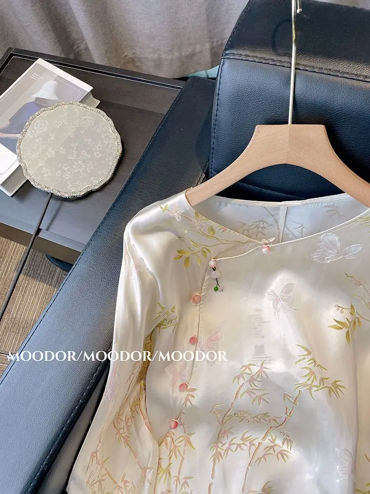 بلوزة نسائية مطبوعة بالزهور بأكمام قصيرة قميص جاكار على الطراز الصيني بلوزات فضفاضة عتيقة مقاس كبير موضة صيف جديدة