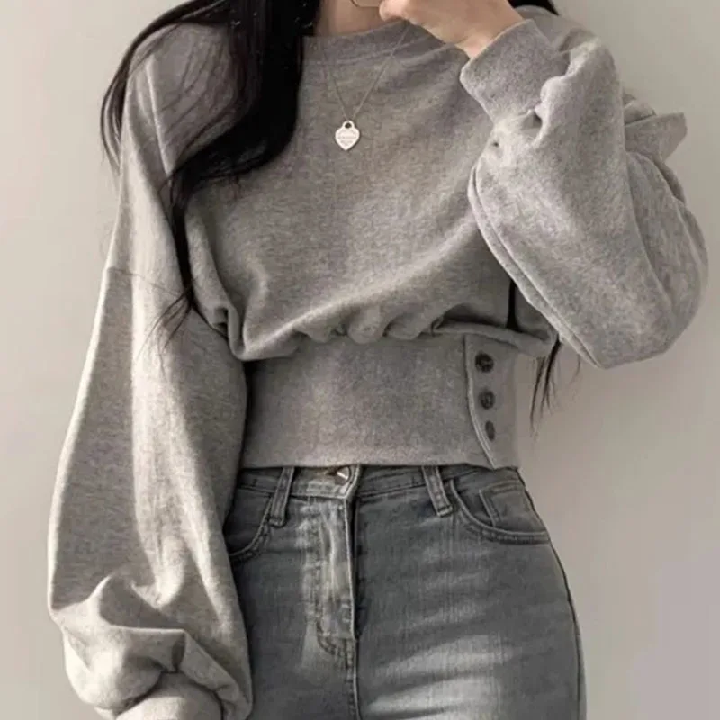 

Autumn Solid Color Women Sweatshirt Casual Round Neck Long Sleeve Tops Simple All-matched Ladies Short Pullover Blouse