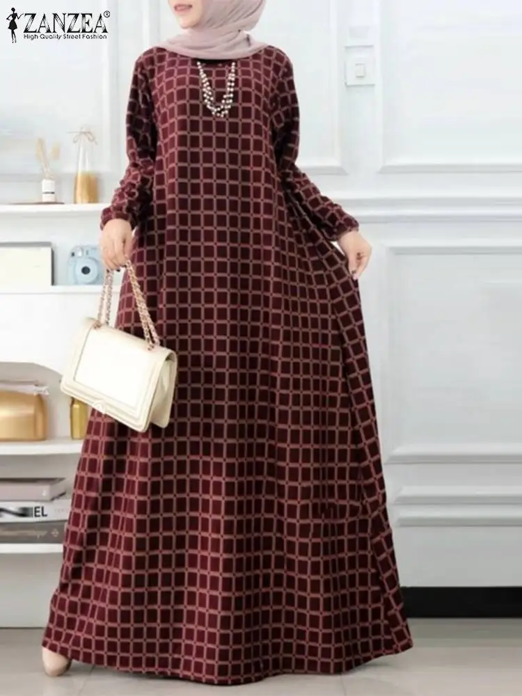 ZANZEA Muslim Fashion Plaid Long Dresses Women Casual Loose Long Sleeve Abaya Robes Islamic Hijab Loose Maxi Vestidos Fall 2024