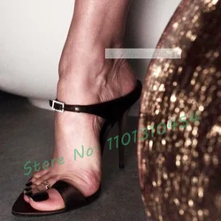 Toe Strap High Heels Slippers Women Sexy Crystal-buckle Ankle Strap Satin Mules Ladies Summer New In Party Open Pointy Toe Shoes