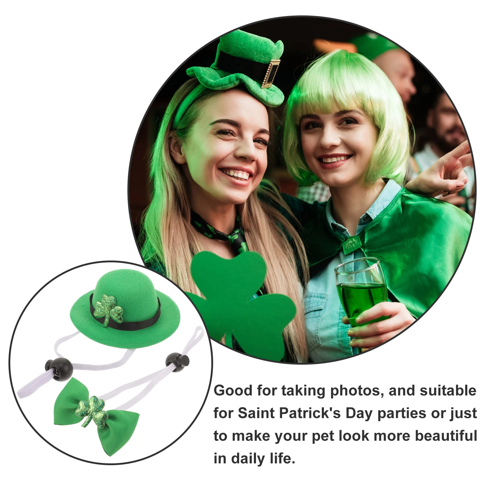 Fantasia de trevo de poliéster para animais de estimação, chapéu, gravata, coleira, dia de St Patrick, cachorro, gato, roupa superior, roupas de arco, acessórios fofos, festa irlandesa