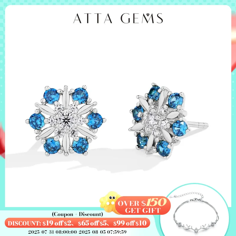

ATTAGEMS Snowflake Shape Moissanite Diamond Stud Earrings for Women Lab Blue Zircon S925 Sterling Silver Wedding Daily Gifts New