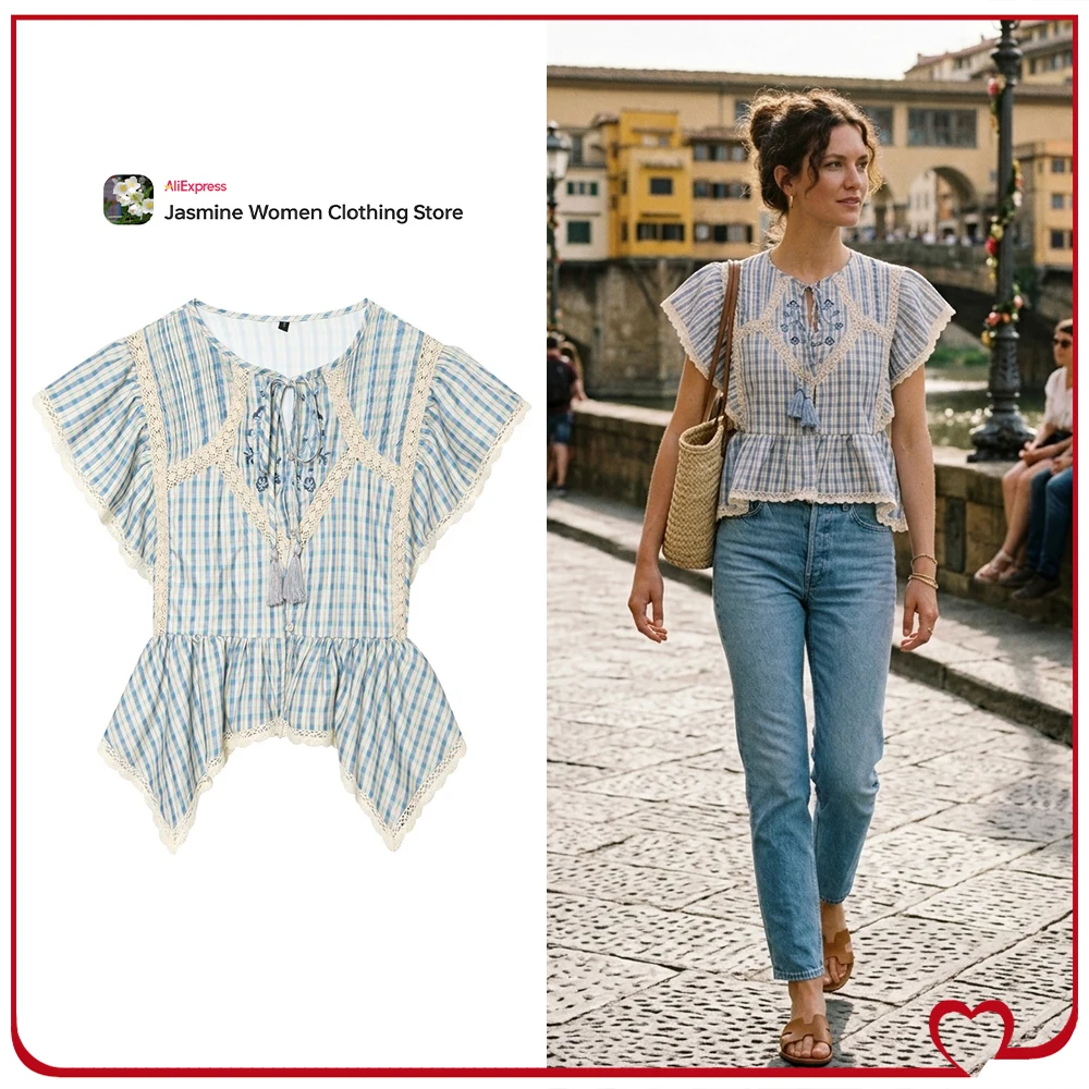 

Elegant Chic Women Embroidered Plaid Lace Insert Top with Asymmetrical Hem New in Summer Round Neck Short Sleeve Tassel Tied Top