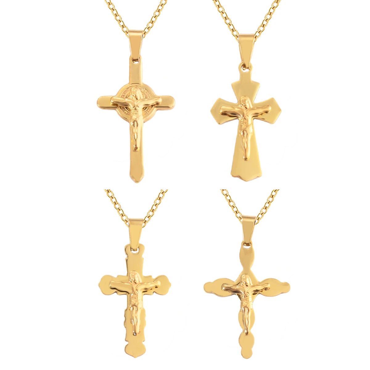 New Fashion Cross Golden Pendant Necklace Jesus Christian Men's Stainless Steel Chains Religion Jewelry Gifts