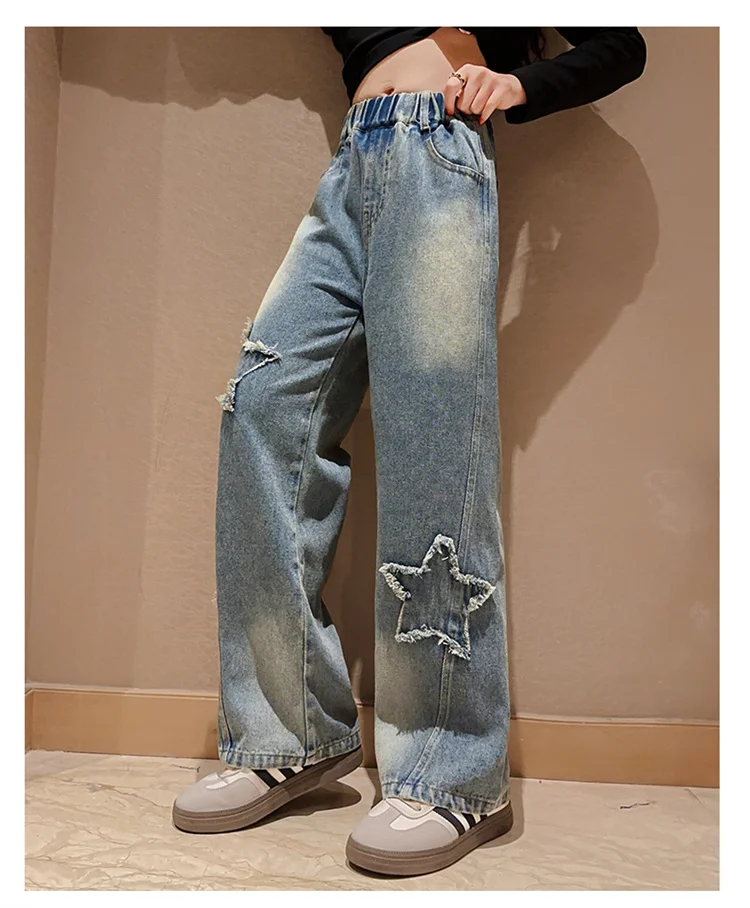 High-Waist-Jeans für Mädchen, gerade geschnittene, lockere Weitbein-Hosen, Frühling und Herbst, koreanische Vintage-Jeans, modische Kinder-Denim-Hosen für Teenager. – Detail 6