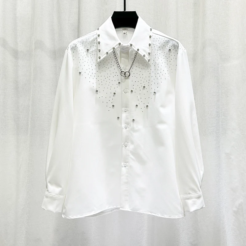 

Heavy Industry Diamond Studded Shirt Men Personalized Design Casual Shirts Versatile Loose Long Sleeved Stage Performance Shirt