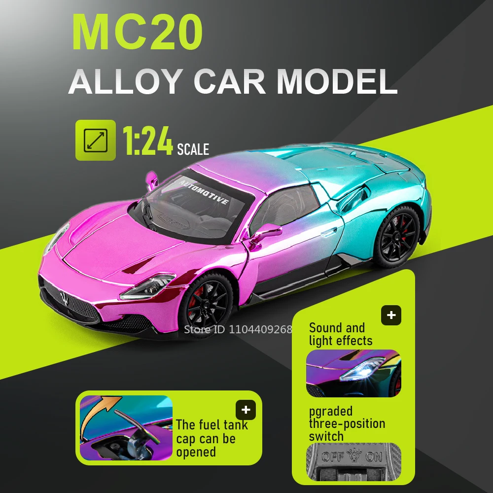 

1:24 MC20 Sports Car Model Toy Metal Body Rubber Tires Diecast Shock Absorption Miniature Models Children's Interactive Toys