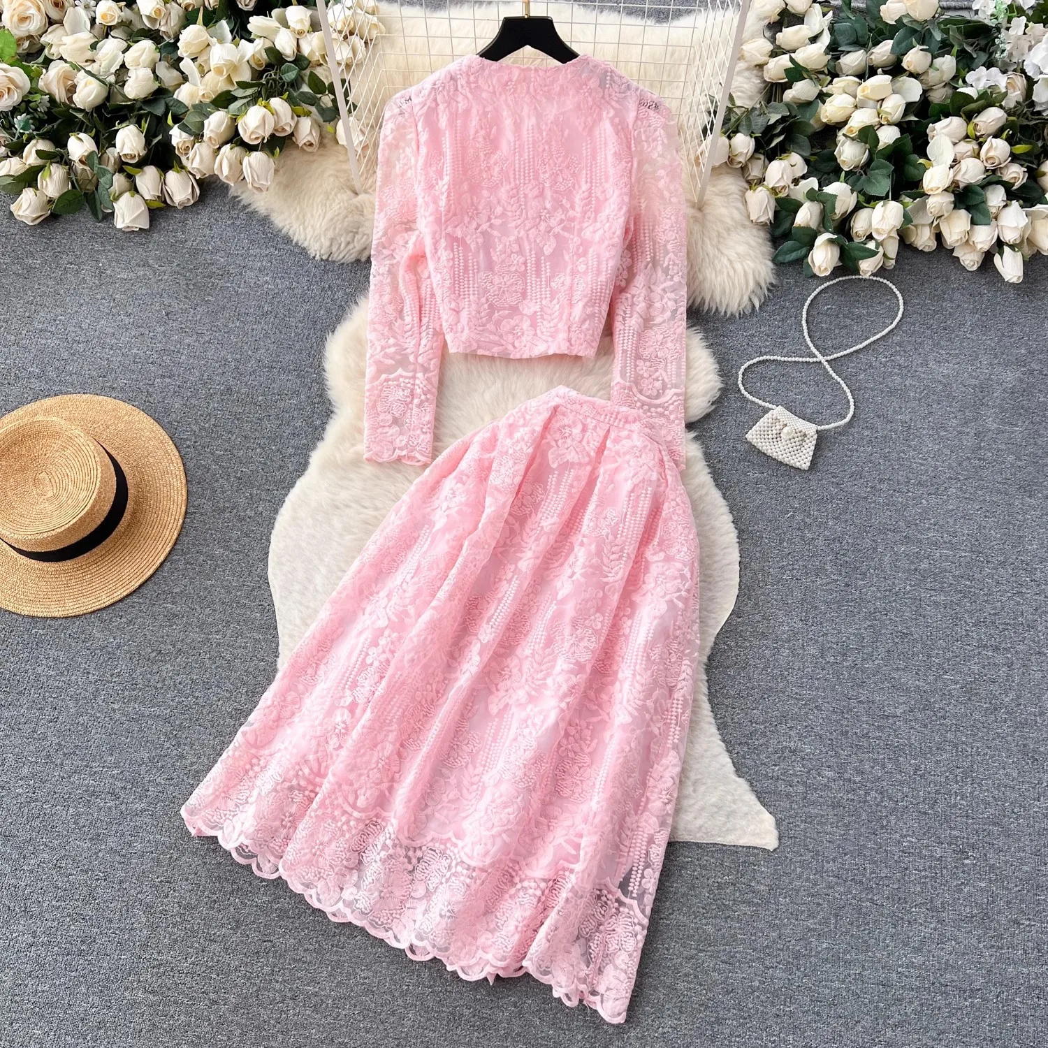 JAMERARY Summer Holiday Embroidery Two Piece Sets Women Skirts Suits Lace Jacket Long Sleeve Tops And Midi Skirts Sets