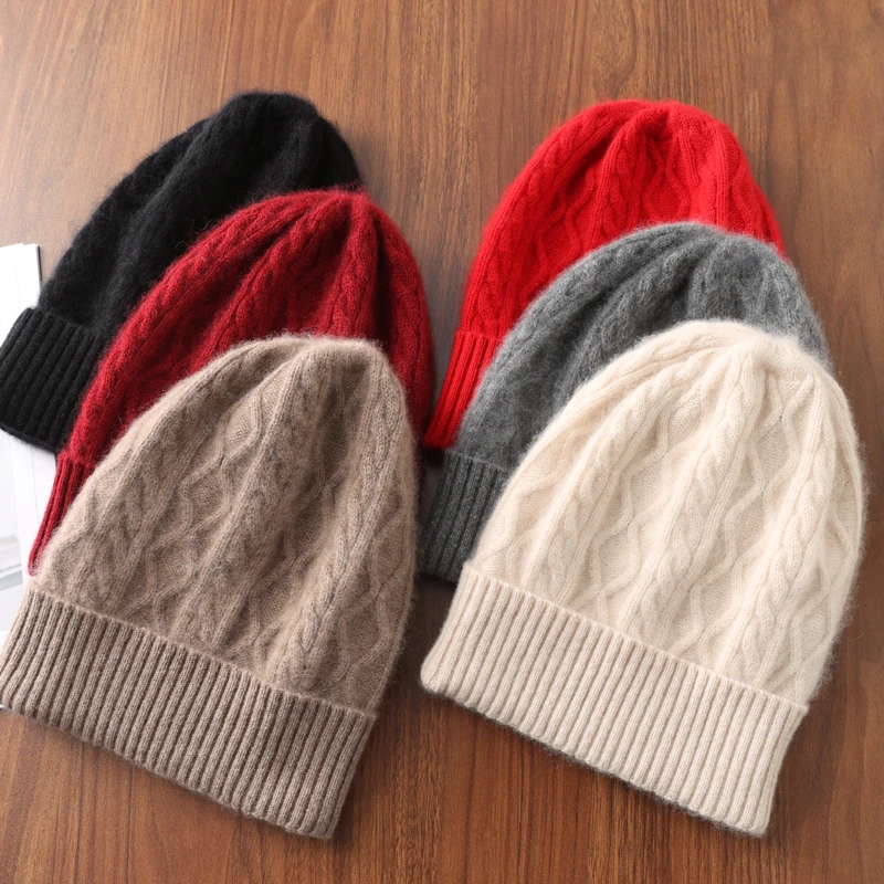 100%Pure Wool Women\'s Winter Hat Warm Soft Woollen Caps Knitted Bonnet y2k Rhombus Beanies For Lady Skullies Cap Turbans