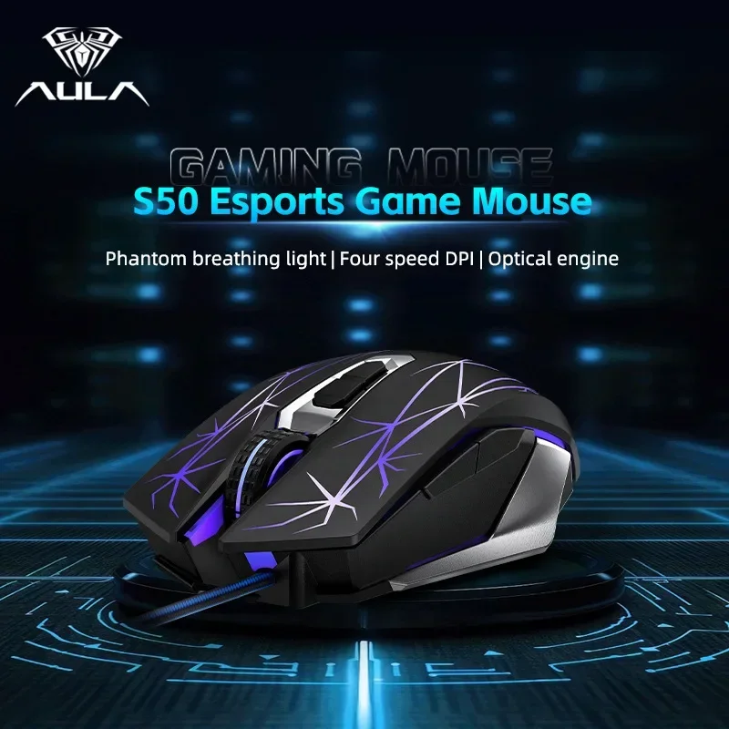 AULA S50 USB Wired Computer Mouse 2400PDI RGB Human Physics Macro Define Esports Gaming Mouse Office PC Gamer Accessories