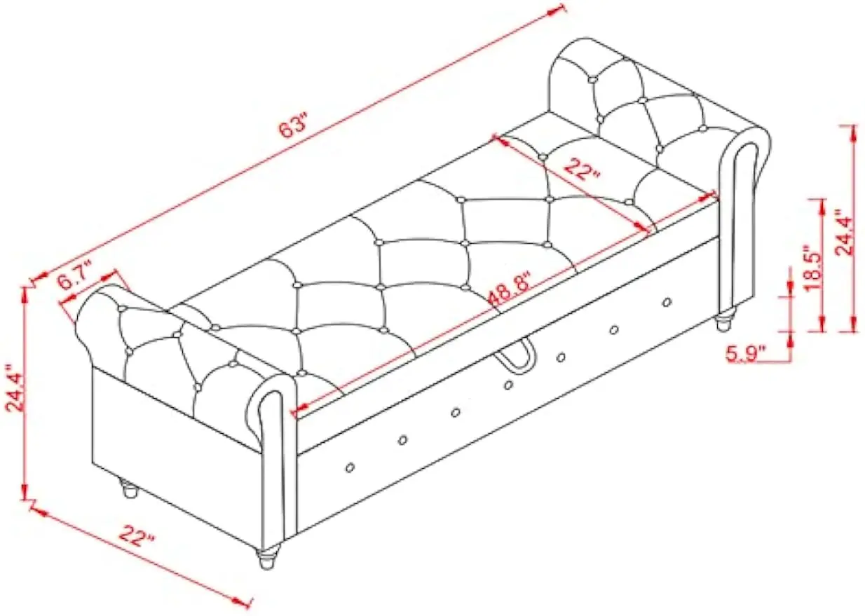 Opbergbank 63 "Fluwelen Rechthoekige Opslag Ottomaanse Sofa Kruk Knopen Getufte Raam Banken Met Nailhead Afgezet En Kussen