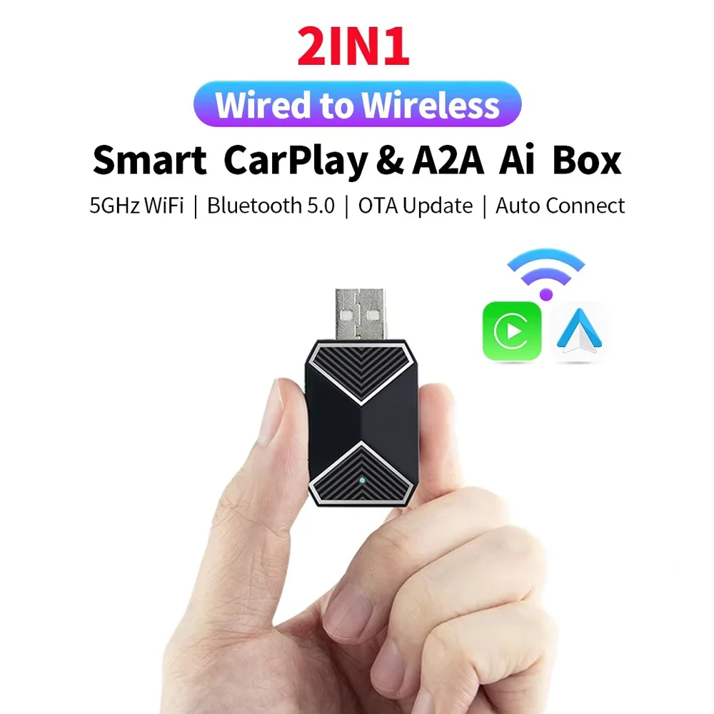 

2 in1 AI Box Wired To Wireless CarPlay & Wireless Android Auto Adapter for Benz Audi Kia Hyundai VW Toyota Waze 5GHz WiFi BT5.0