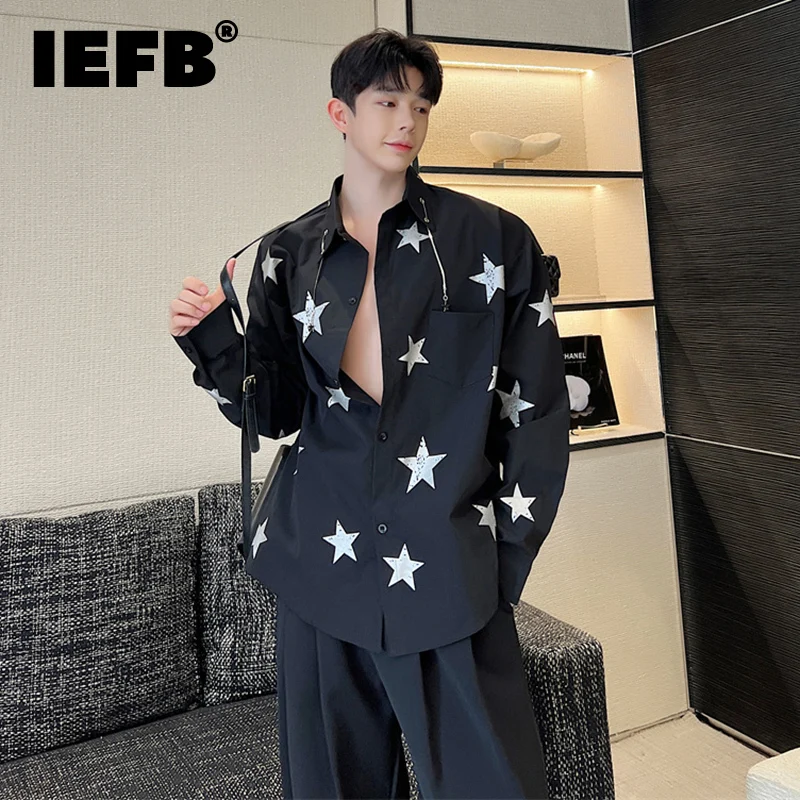 

IEFB Korean Style Men's Printing Shirts Personality Collar Metal Pendant Top Male Fashion Long Sleeve Cardigan 2023 New 9A8546