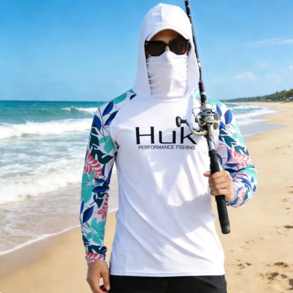 

HUK Summer Fishing Shirt Men's Long Sleeve Hooded UPF 50+ UV Protection Quick Dry Fishing Suit