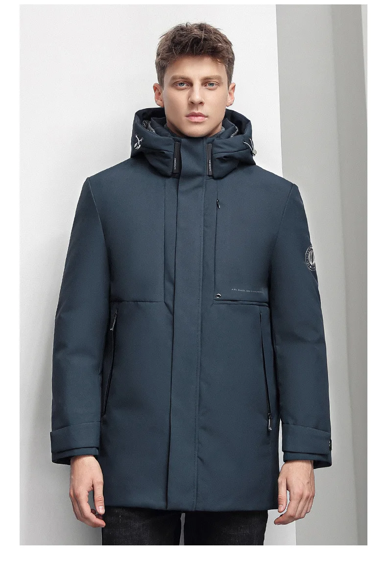 Mężczyzna płaszcz biały puch gęsi kurtka zimowa gruby Parkas Puffer topy średniej długości odzież wierzchnia zdejmowana nakrętka ciepły odkryty