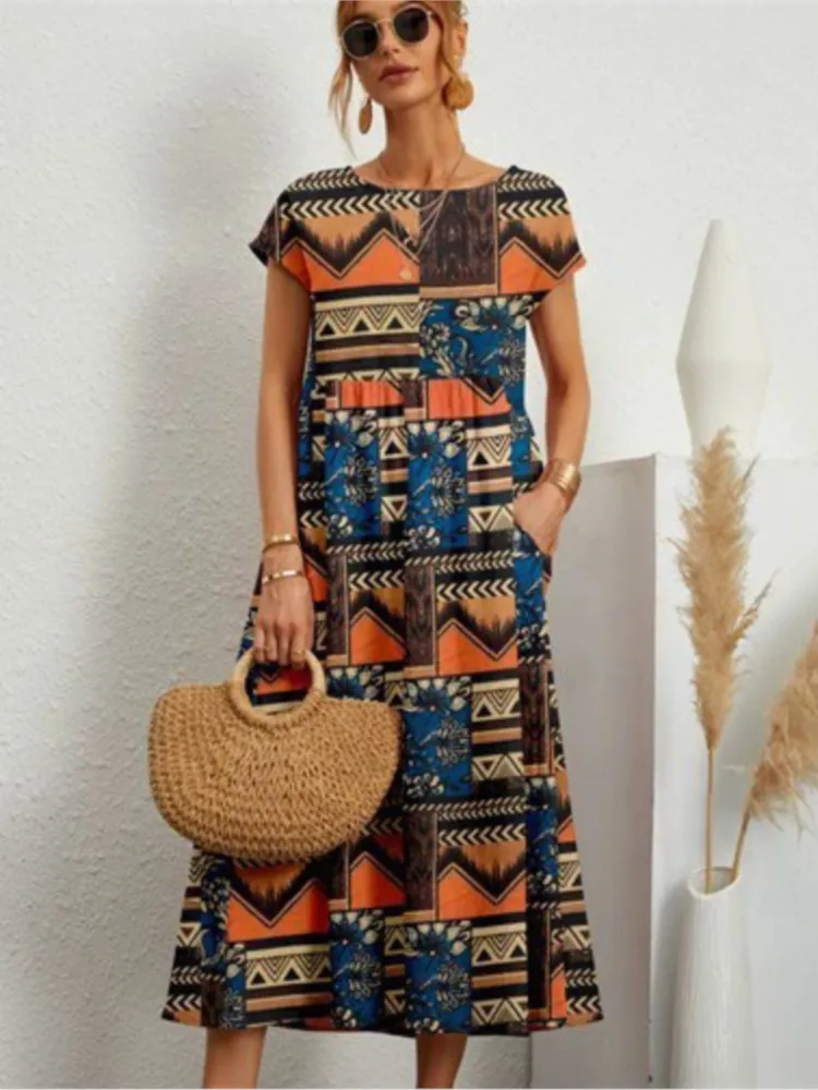 Letnia Nowość Damskie Sukienki Codzienne Modne Sukienki z Dekoltem O-neck Krótki Rękaw Elegancka Sukienka Modna Sukienka Boho Kombinacja Vintage Długa Sukienka