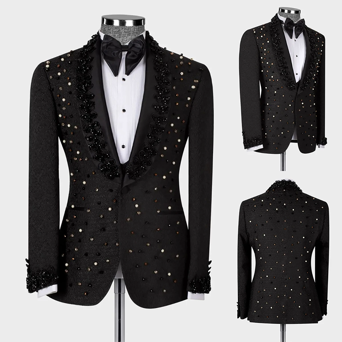 Fashion Jacquard Wedding Men's Suit New Beads Appliques Slim Fit 2-Pieces Tailor-Made Groom Formal Occasions Size Customized