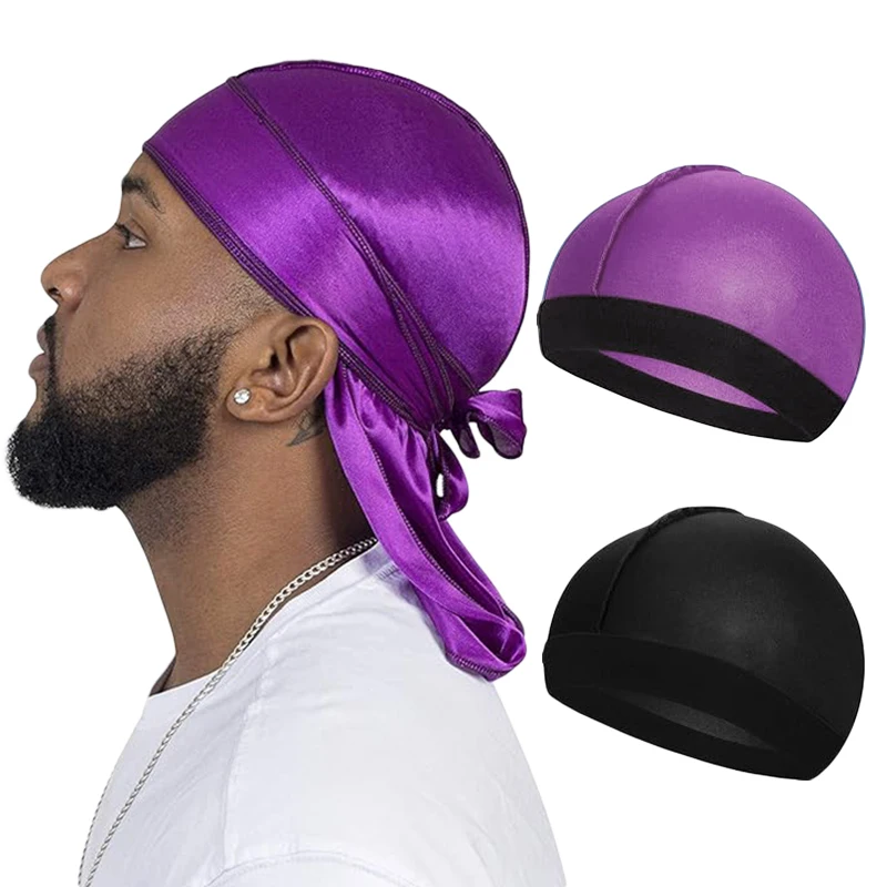 Nogeqi Lot De 4 Durags Soie – Foulards Pirate Hip Hop Respirants (Noir, Bleu, Bordeaux, Argent)