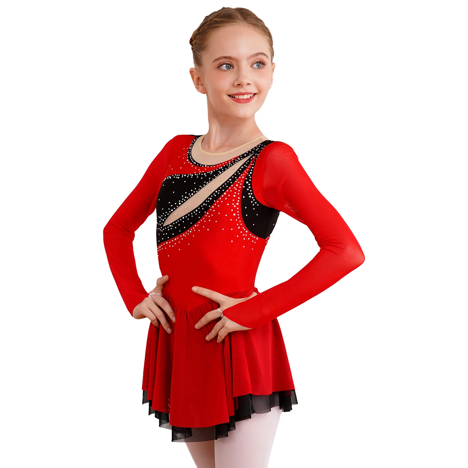 Kids Girls Lyrical Dance Dress Long Sleeve Shiny Rhinestone Ballet Gymnastics Leotards Tutu Figure Skating Performance Costume