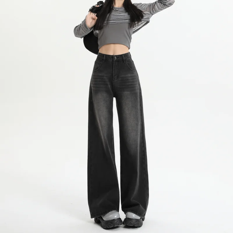 Black Gray American Retro Jeans Wide Leg Baggy Pants Streetwear Trousers Y2k Fashion Spice Girls Denim Pants Straight Jeans