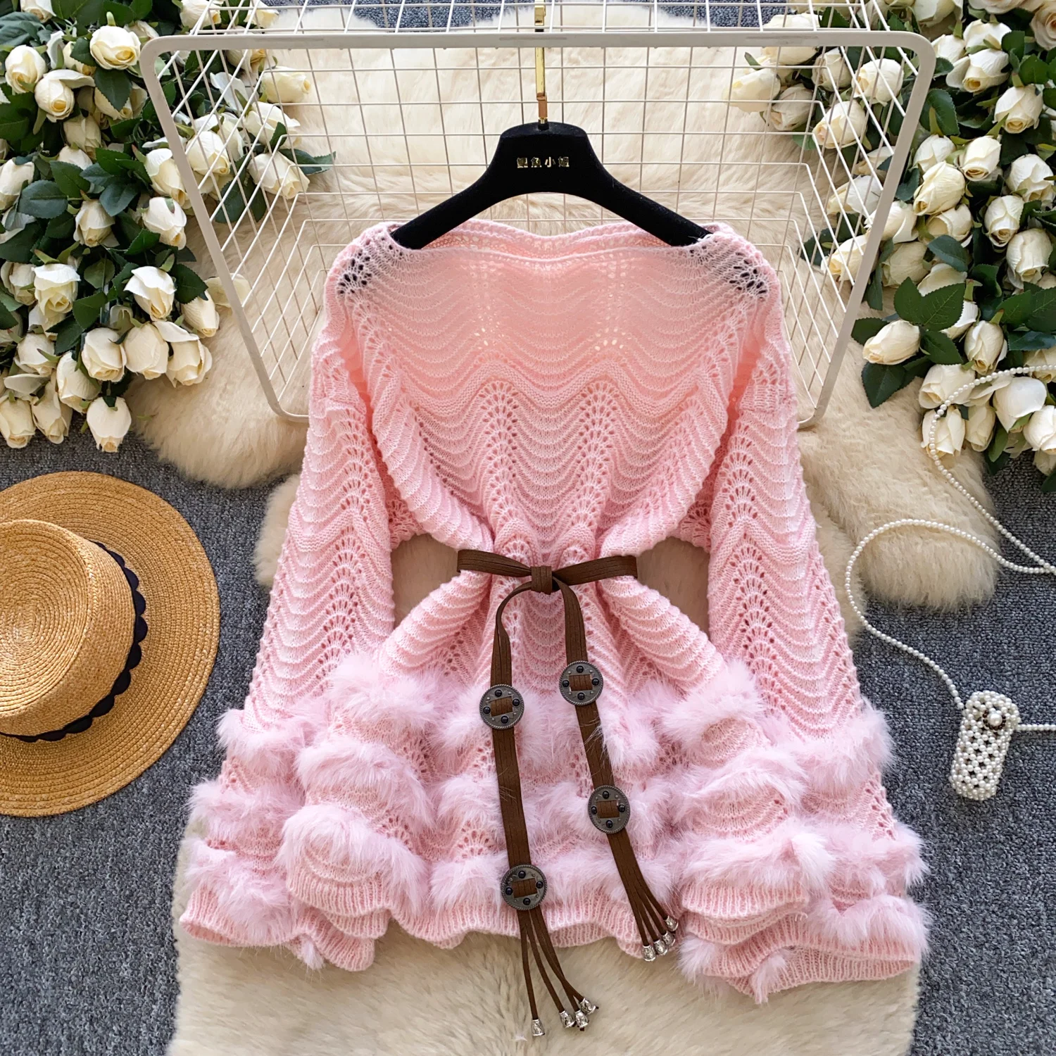 المرأة متماسكة سترة طويلة الأكمام الجوف خارج مربوط الخصر فروي تقليم بلوزة فضفاضة #3