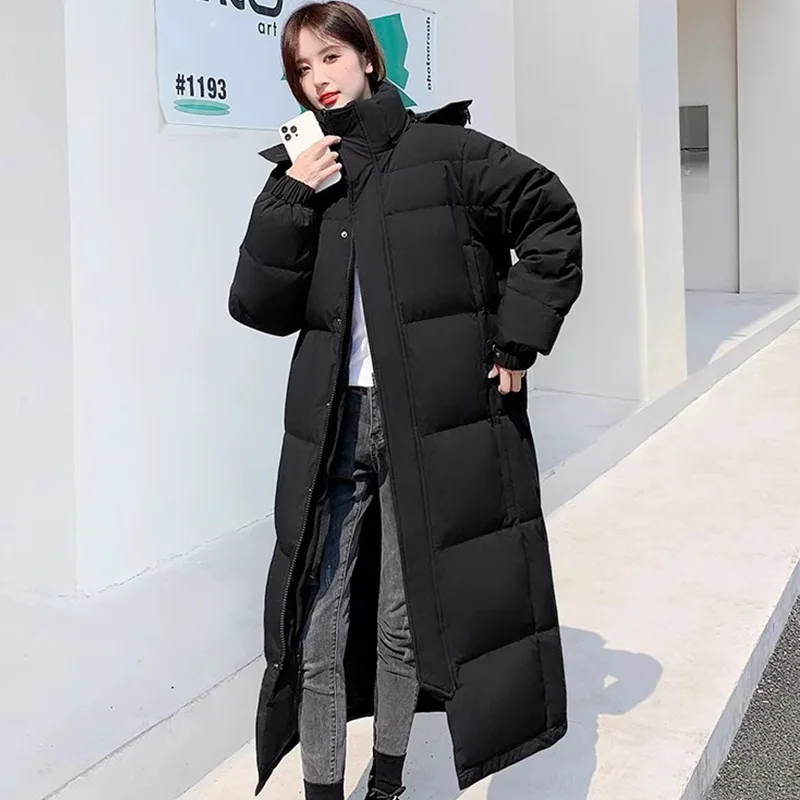Women\'s Winter Down Jacket Puffer Coats Simple Solid Color Casual Outerwears Windproof Thickened Snow Wear Long Coats Down