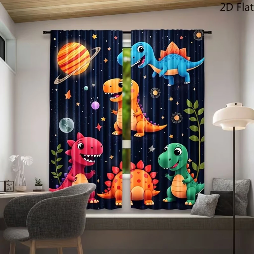 2-Piece Set Cute Dinosaur Space Planet Art Printed Curtains Polyester Material with Pole Bag Design for Bedroom And Living Room