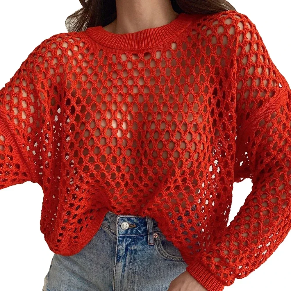 2023 New Fashion Women Mesh Fishnet Crop Tops Long Sleeve Crew Neck Sexy Hollow Out Loose Shirts Fashion Street Party Clothing