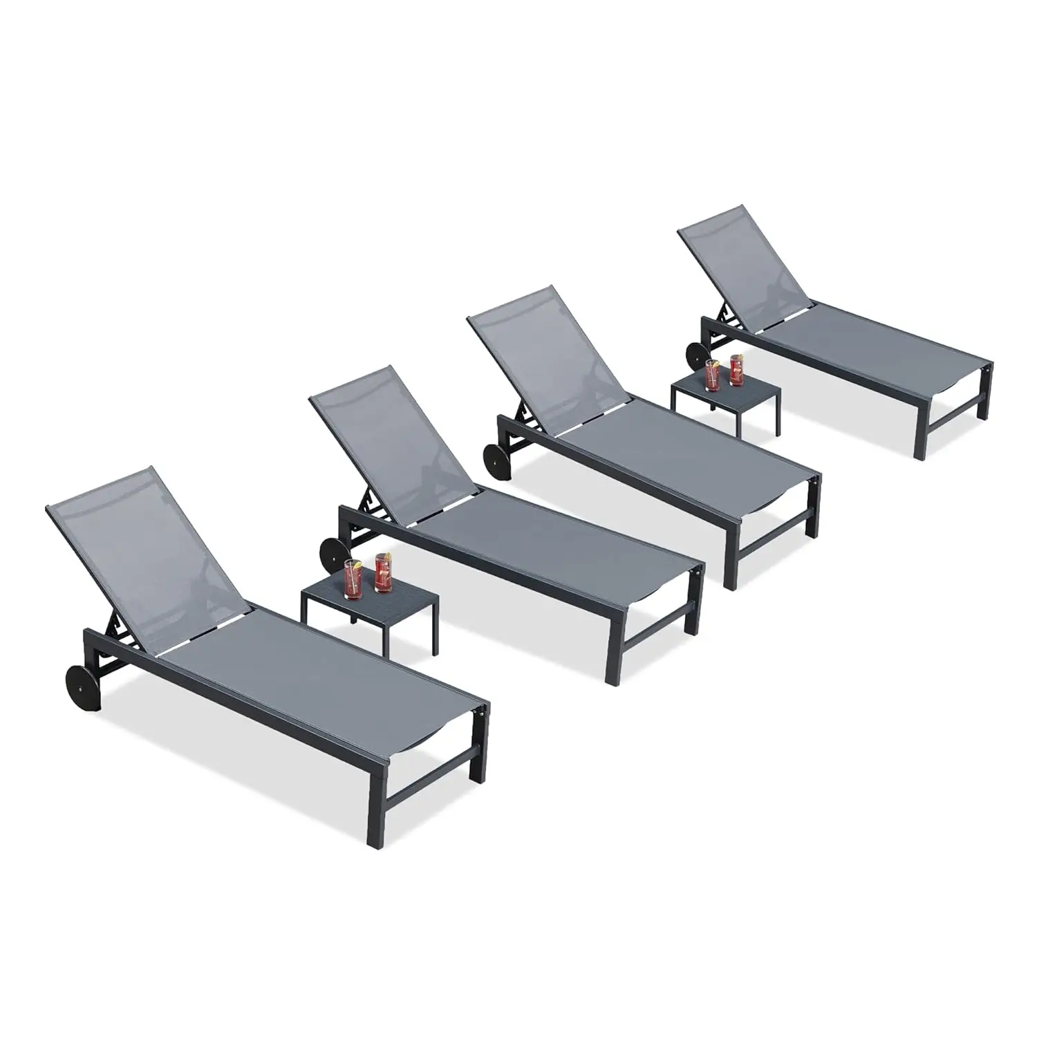 

Комплект из 2 регулируемых алюминиевых шезлонгов на колесиках с приставным столиком для патио, бассейна, пляжа, двора, на заказ