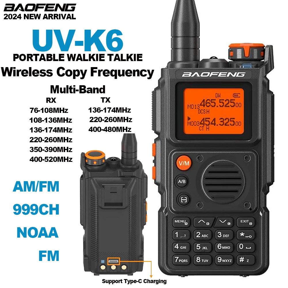 

Baofeng UV-K6 Walkie Talkie Full Band Two Way Radios BF-K6 BF-UVK6 Wireless Copy Frequency Support Type-C Charging NOAA 2024 New