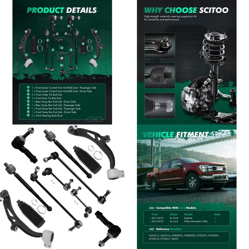 

SCITOO 12pcs Suspension Kit Front Lower Control Arm And Ball Joint Outer Inner Tie Rod End w/Boot Sway Bar Link Replacement 2011