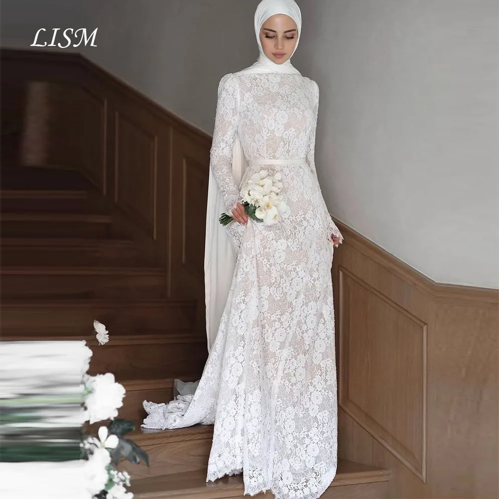 LISM Vestidos de noiva luxuosos com gola alta, mangas compridas, renda de seda, elegantes, longos, personalizados, فستان mire40.