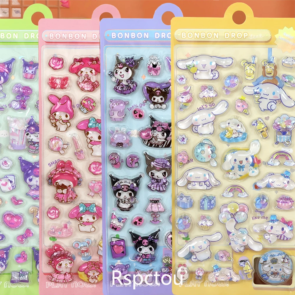 สติกเกอร์นูน 3 มิติ ลายการ์ตูนซานริโอ้ น่ารัก 4 ชิ้น ลายมายเมโลดี้ คุโรมิ ซินนามอโรล  สติกเกอร์คริสตัล ของเล่น ของรางวัล สไตล์คาวาอี้