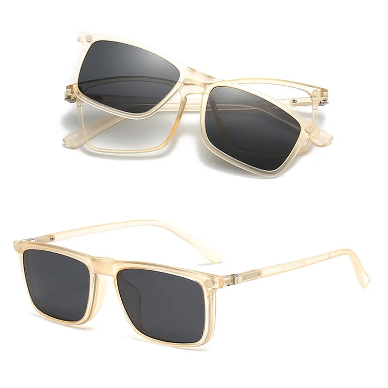 

Tan Transparent Square Frame Women Sunglasses 6 In 1 Magnetic Clip Glasses Men Polarized Night Vision Eyeglass