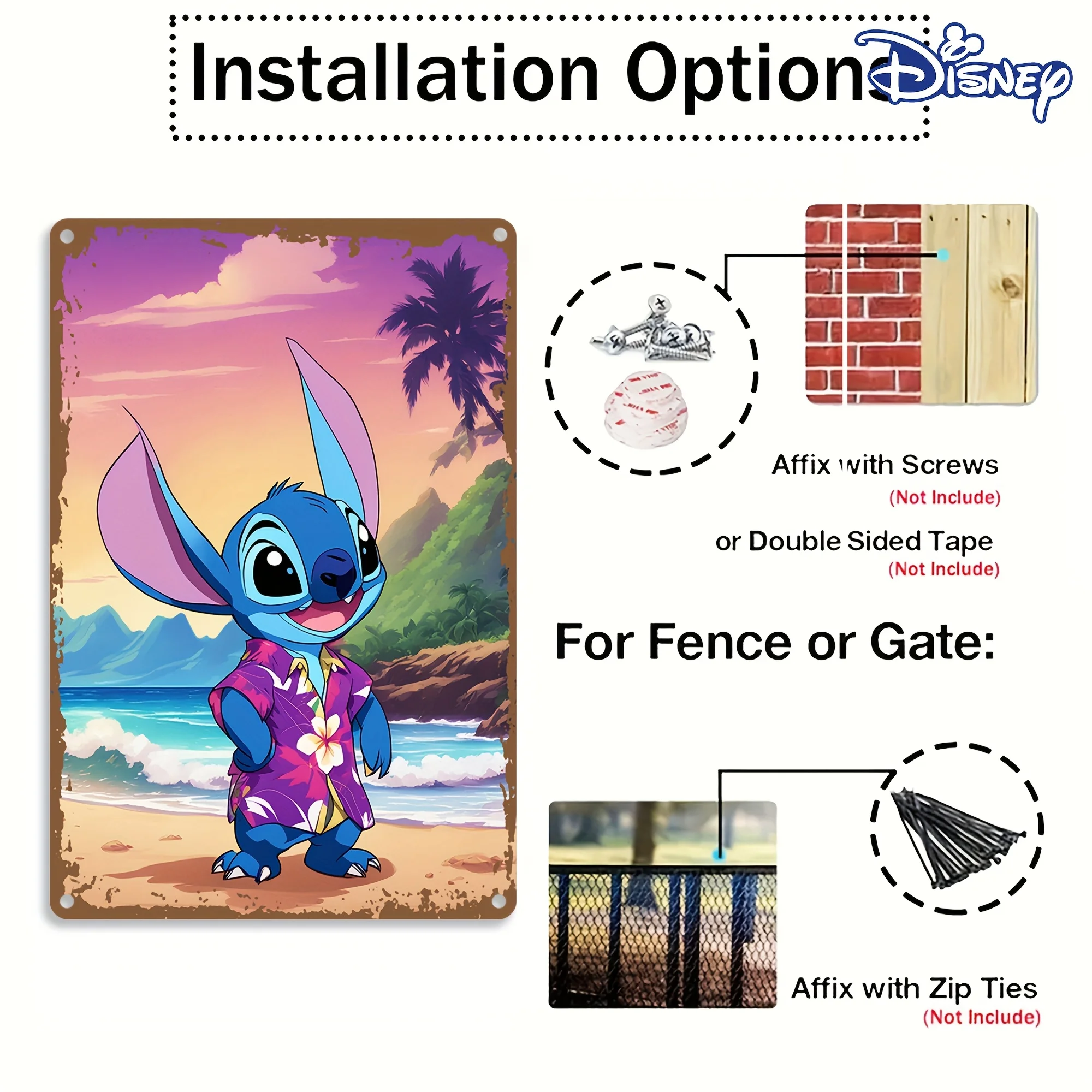 قطعة واحدة من لافتة ديزني ستيتش المعدنية من القصدير - لوحة فنية جدارية على الشاطئ الاستوائي مع أشجار النخيل وموجات المحيط، ديكور حديد متين مقاس 8 × 12 بوصة