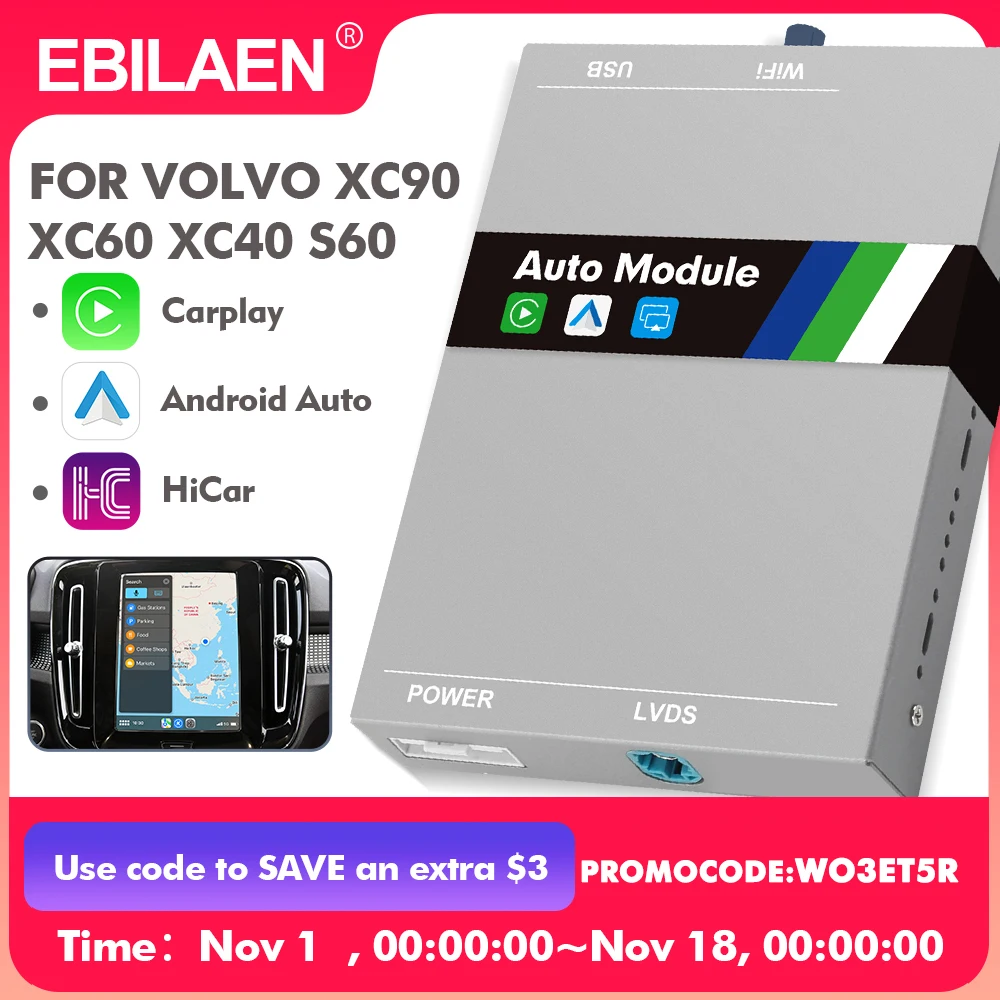 EBILAEN Wireless Full Screen Carplay For Volvo XC90 XC60 XC40 S60 S90 V60 Android Auto Camera Hicar Bluetooth Ｍodule Box