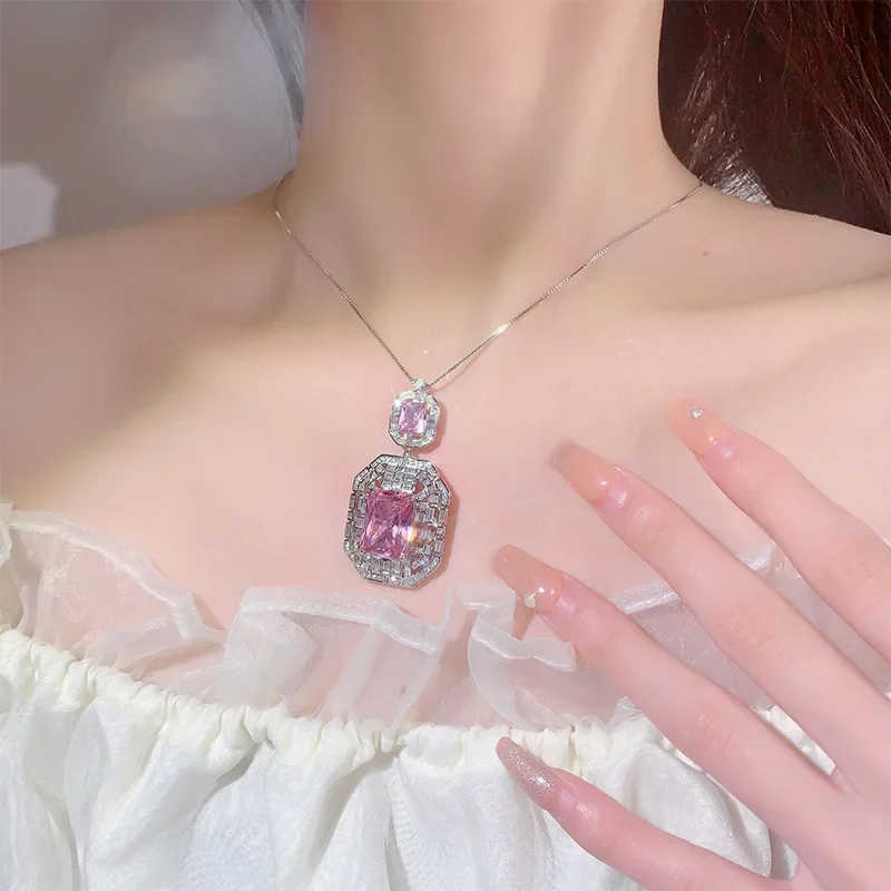 Art Deco Double Layer Rectangle CZ Pendant Necklace Multi Color Synthetic Cubic Zirconia Silver Plated Women Wedding Jewelry