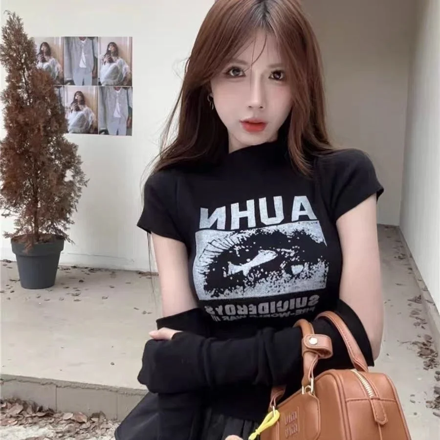 

Detachable Sleeve T-Shirt Women T Shirts Long Autumn Artistic Graphic Patterned Decoration Unique Flower Stripe Mesh Splicing Ol