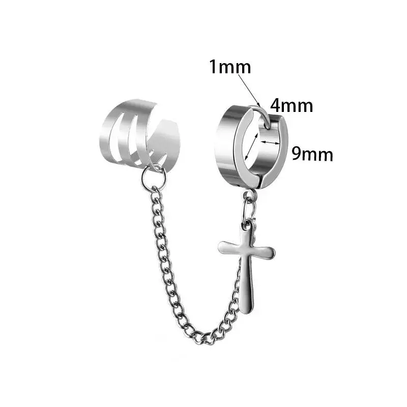 1PC Stainless Steel Cross Skull Star Pendant Ear Clip Earring for Men Women Punk Silver Color Tassel Chain Hoop Earrings Jewelry