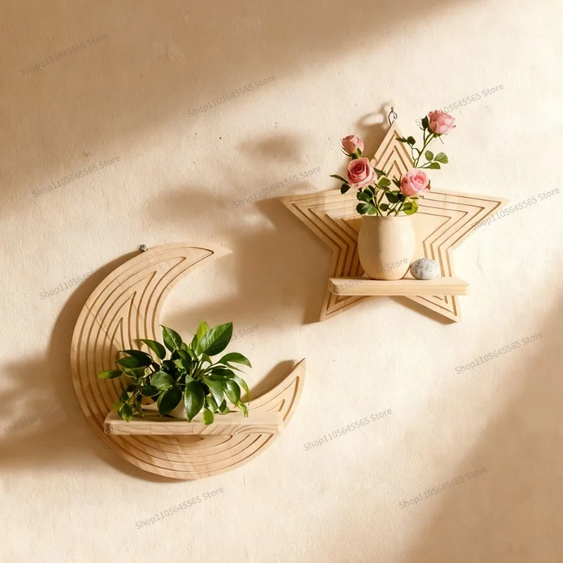 For Bohemian Star Moon Shape Creative Pine Wall Pot Shelf Wooden Crafts Home Decoration