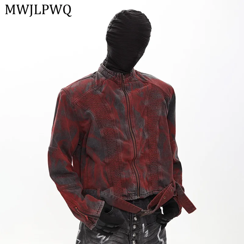 MWJLPWQ التدرج الأحمر الكتف وسادة الدنيم سترة الرجال شارع العليا الوقوف طوق تصميم تحسس الخريف 2025 سستة للجنسين القمم 11469