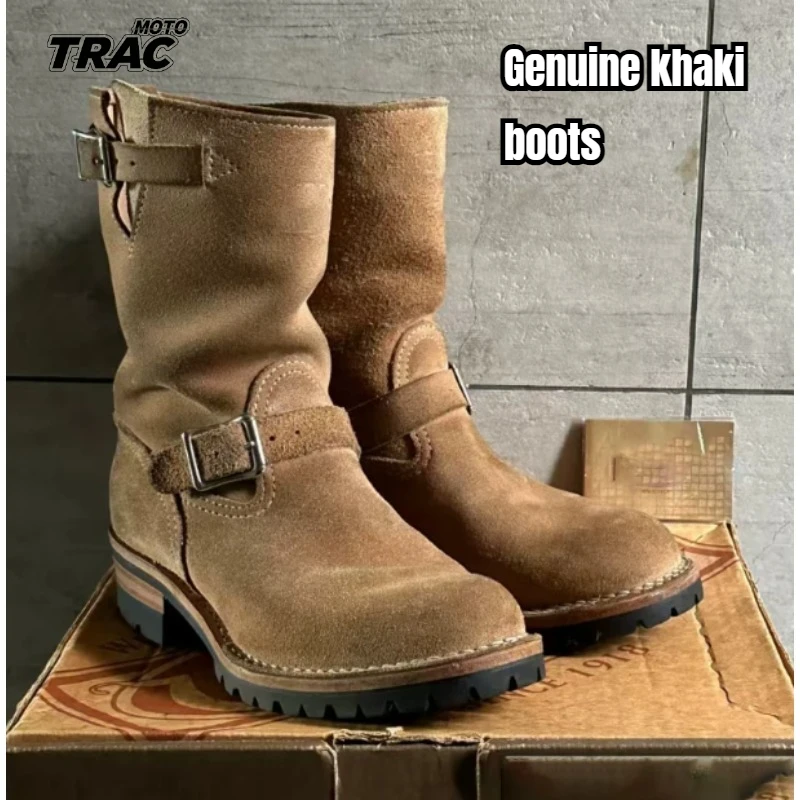 Khaki Really Leather Men's Knight Boots Motorbike Boots Retro Leather Shoes Round Middle Top Shoe Botas De Motocicleta