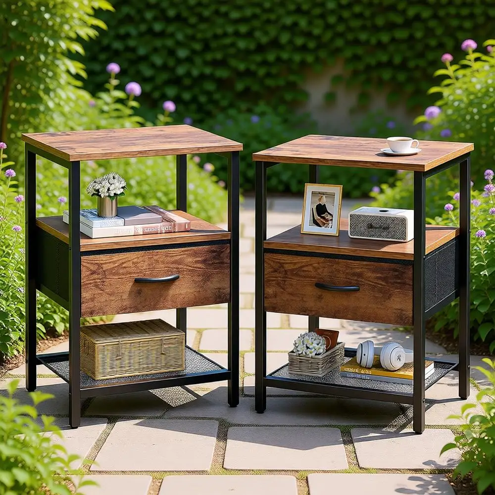 

Комплект из 2 прикроватных тумб в деревенском стиле, коричневый, с тканевыми ящиками, сетчатой полкой и металлическим каркасом, приставной столик для хранения