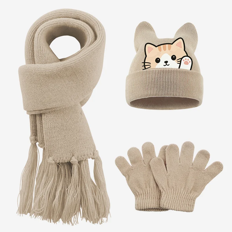 3pc 1-3Y Toddler Hat Scarf Gloves Set, Cat Print Knit Kids Winter Set, Casual Outdoor Warm Set for Boys Girls - view 4