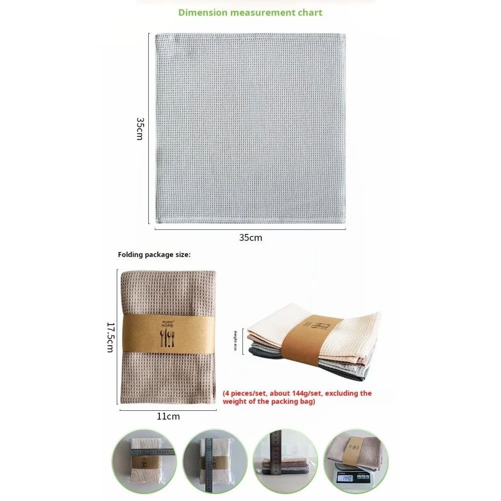 4 Pieces of Pure Cotton Waffle-Pattern Face Towels, Dish Cloths,Tea Towels, Tablecloths, with Strong Water Absorption Capability